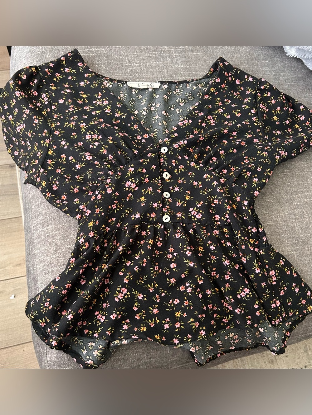 Button-Front Floral Peplum Blouse - Black with Pink & Yellow Flowers